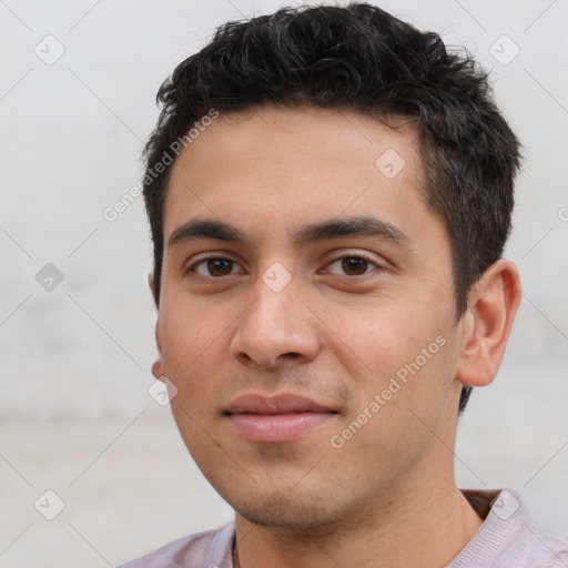 Neutral white young-adult male with short  black hair and brown eyes