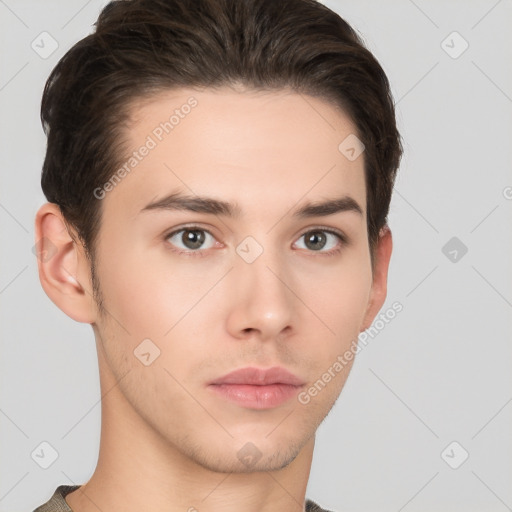 Neutral white young-adult male with short  brown hair and brown eyes