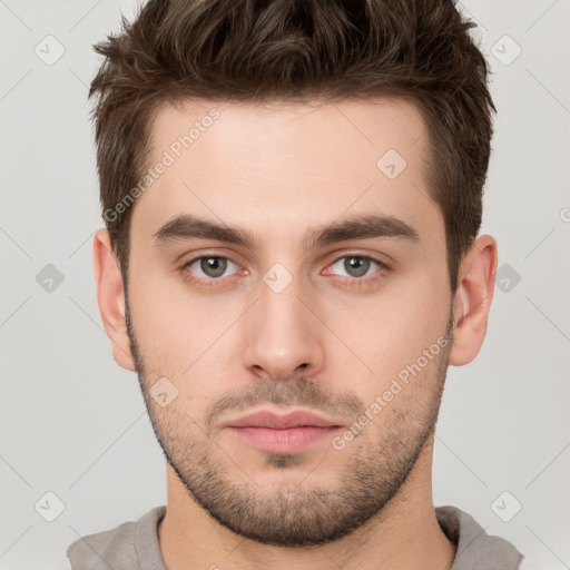 Neutral white young-adult male with short  brown hair and brown eyes