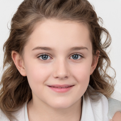 Joyful white child female with medium  brown hair and brown eyes