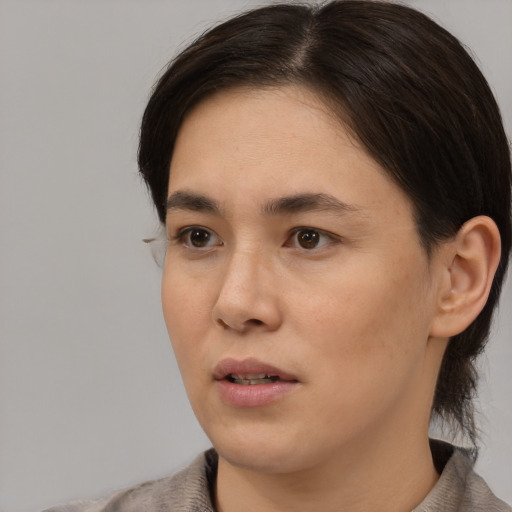 Neutral asian young-adult female with medium  brown hair and brown eyes