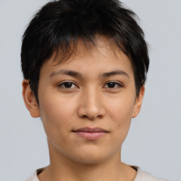 Neutral asian young-adult female with short  brown hair and brown eyes