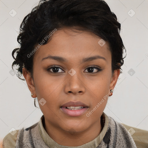 Neutral asian young-adult female with short  brown hair and brown eyes