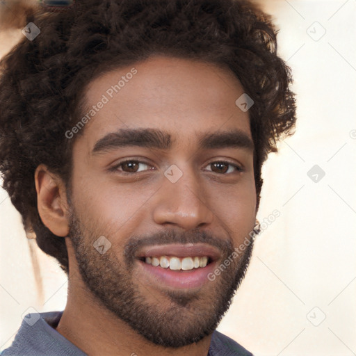 Joyful black young-adult male with short  brown hair and brown eyes