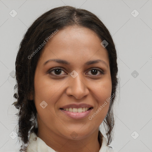 Joyful latino young-adult female with medium  brown hair and brown eyes