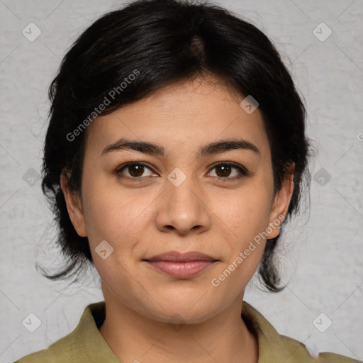 Joyful asian young-adult female with medium  brown hair and brown eyes