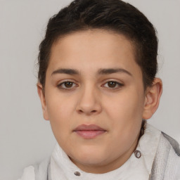 Neutral white young-adult female with short  brown hair and brown eyes