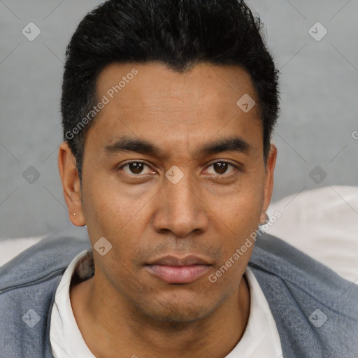 Neutral asian young-adult male with short  black hair and brown eyes