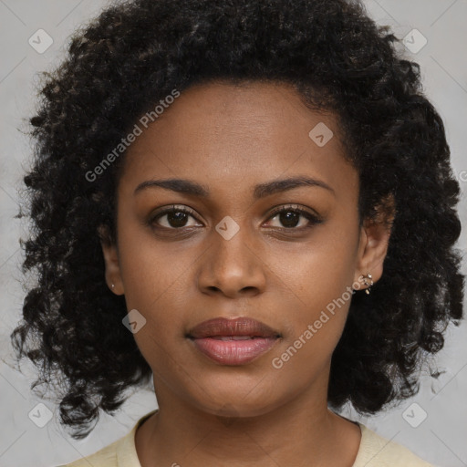 Neutral black young-adult female with medium  brown hair and brown eyes