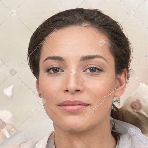 Neutral white young-adult female with medium  brown hair and brown eyes