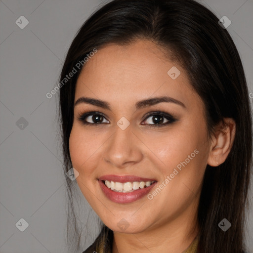 Joyful white young-adult female with long  brown hair and brown eyes