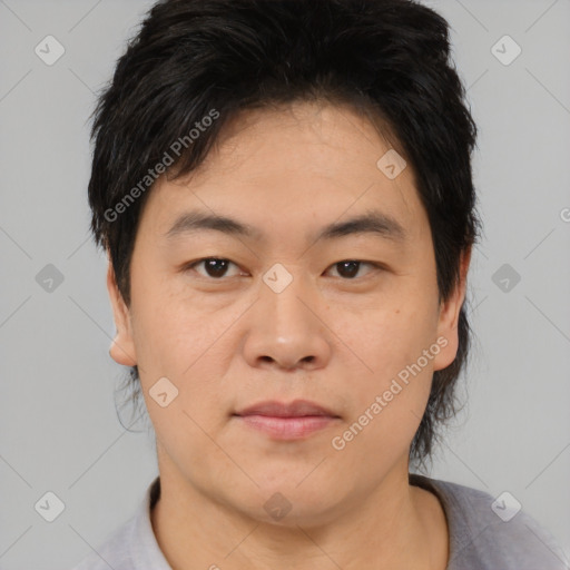 Neutral asian young-adult male with short  black hair and brown eyes