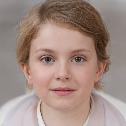 Joyful white child female with medium  brown hair and grey eyes