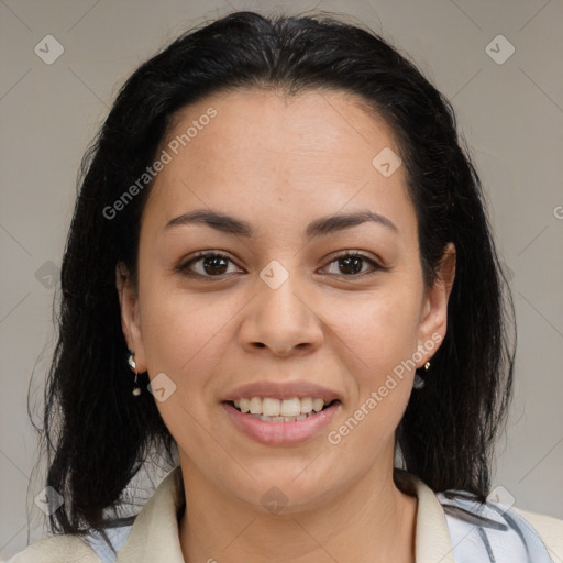 Joyful latino young-adult female with medium  brown hair and brown eyes