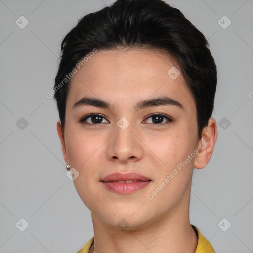 Joyful asian young-adult female with short  brown hair and brown eyes