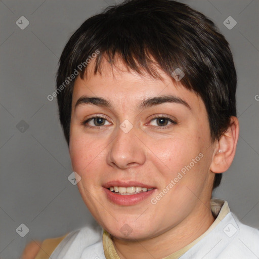 Joyful white young-adult female with short  brown hair and brown eyes