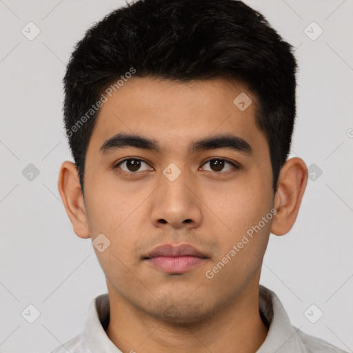 Neutral asian young-adult male with short  black hair and brown eyes