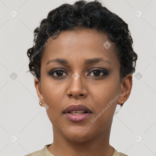 Neutral black young-adult female with short  brown hair and brown eyes