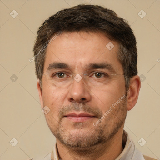 Neutral white adult male with short  brown hair and brown eyes