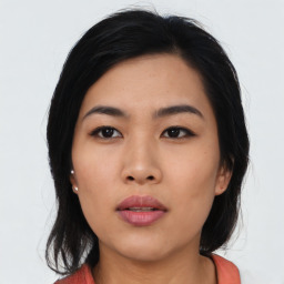 Neutral asian young-adult female with medium  black hair and brown eyes