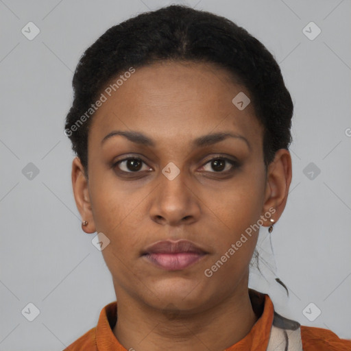 Neutral black young-adult female with short  brown hair and brown eyes