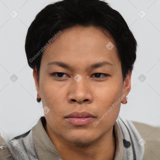 Neutral asian young-adult female with short  black hair and brown eyes