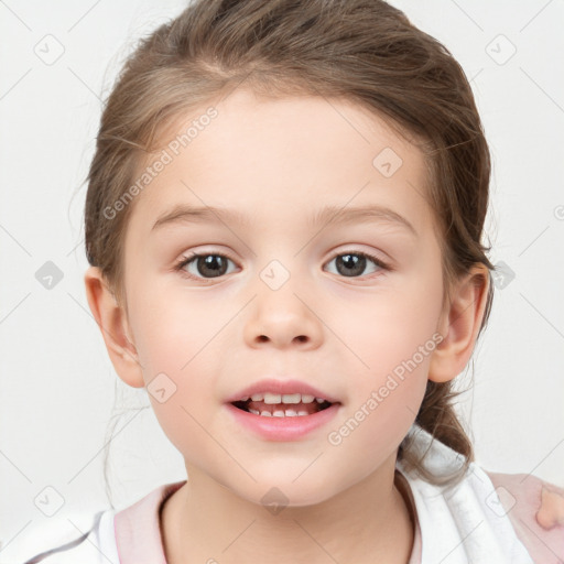 Joyful white child female with medium  brown hair and brown eyes