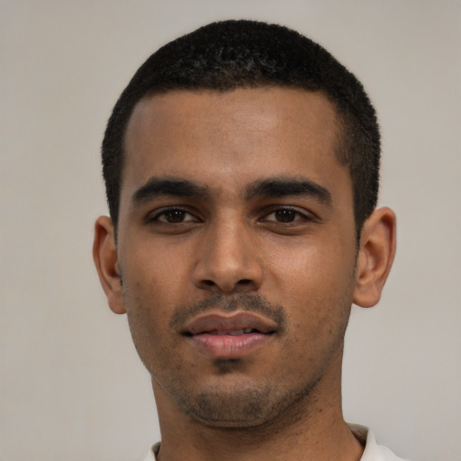 Neutral black young-adult male with short  black hair and brown eyes