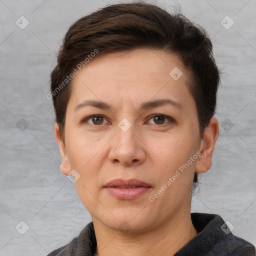 Neutral white adult female with short  brown hair and brown eyes