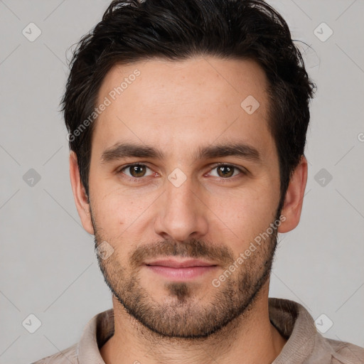 Neutral white young-adult male with short  brown hair and brown eyes