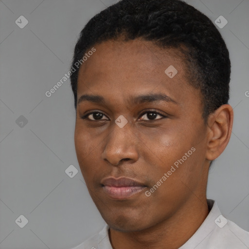 Neutral black young-adult female with short  black hair and brown eyes