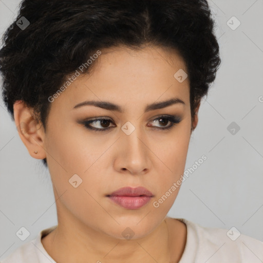 Neutral latino young-adult female with short  brown hair and brown eyes