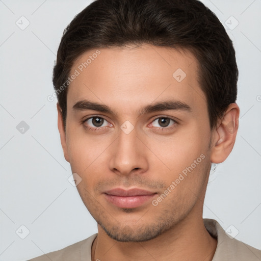 Neutral white young-adult male with short  brown hair and brown eyes