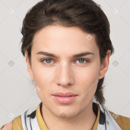 Neutral white young-adult female with medium  brown hair and brown eyes