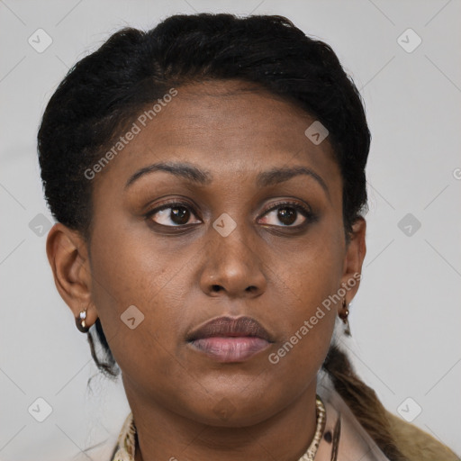 Neutral black young-adult female with short  brown hair and brown eyes