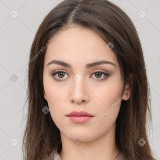 Neutral white young-adult female with long  brown hair and brown eyes