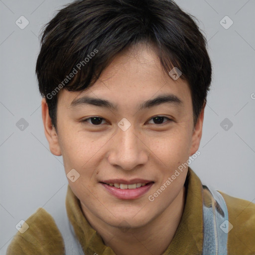 Joyful asian young-adult female with short  brown hair and brown eyes