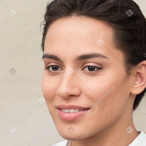 Joyful white young-adult female with medium  brown hair and brown eyes