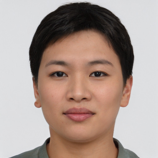Neutral asian young-adult female with short  black hair and brown eyes