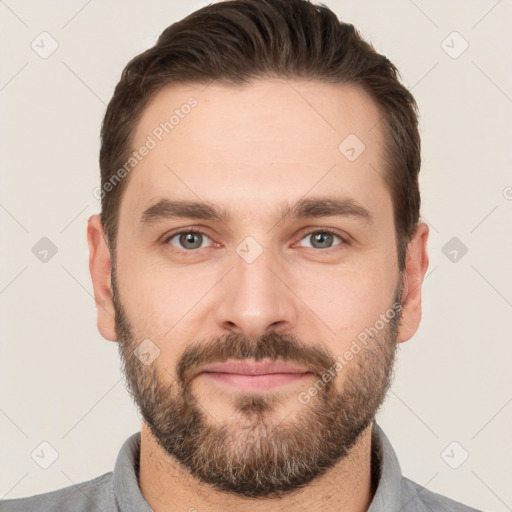 Neutral white young-adult male with short  brown hair and brown eyes