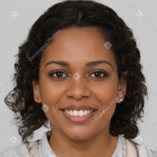 Joyful black young-adult female with medium  brown hair and brown eyes