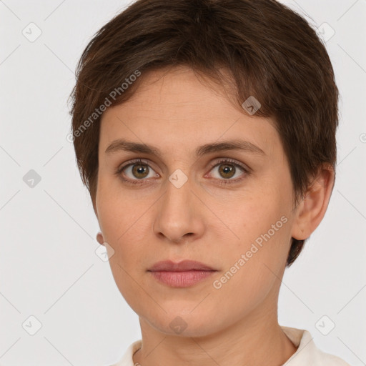 Neutral white young-adult female with short  brown hair and brown eyes