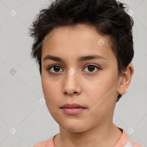 Neutral white young-adult female with short  brown hair and brown eyes