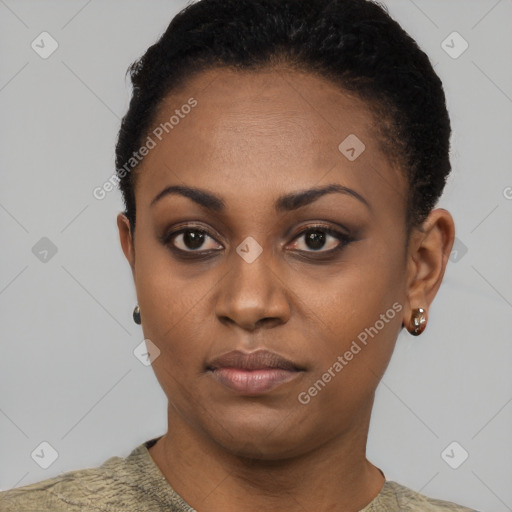 Neutral black young-adult female with short  black hair and brown eyes