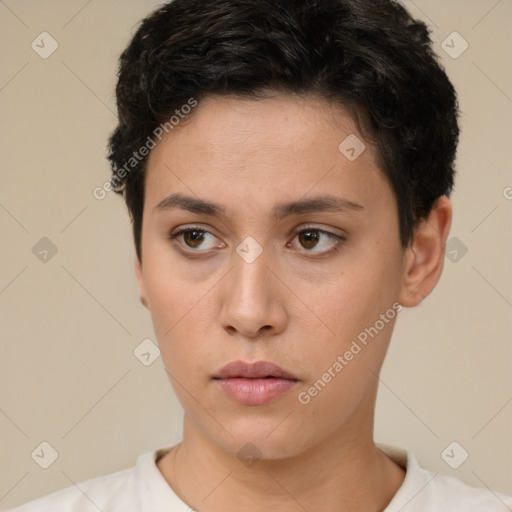 Neutral white young-adult female with short  brown hair and brown eyes