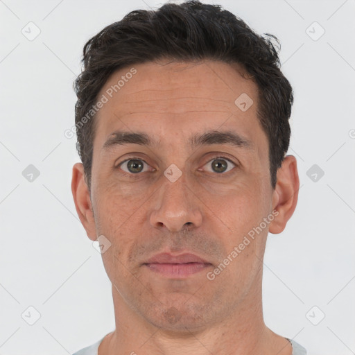 Neutral white adult male with short  brown hair and brown eyes