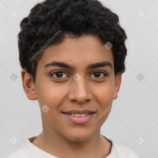 Joyful latino young-adult male with short  brown hair and brown eyes