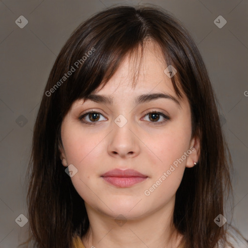 Neutral white young-adult female with medium  brown hair and brown eyes