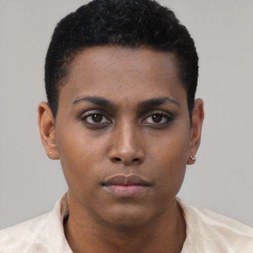Neutral black young-adult female with short  brown hair and brown eyes