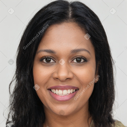 Joyful latino young-adult female with long  brown hair and brown eyes